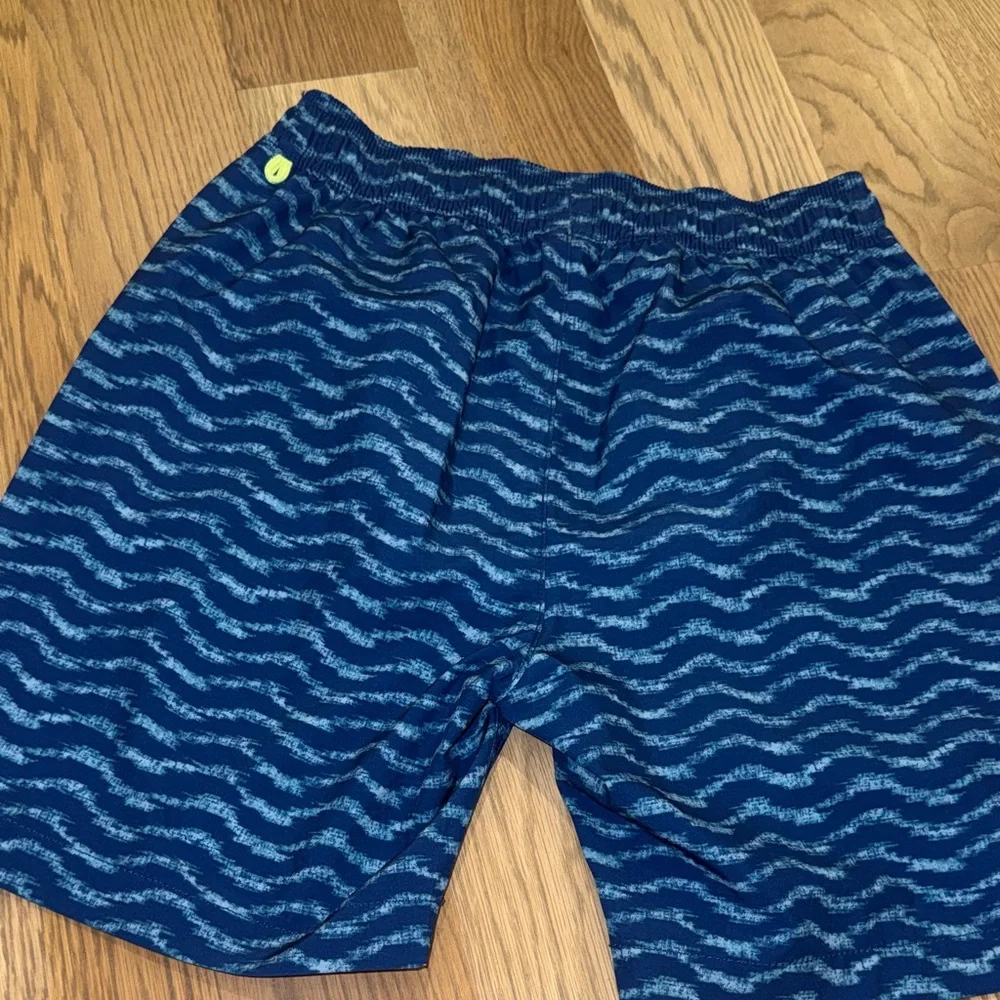 Crewcuts Boys' Navy Wave Print Swim Trunks with Neon Yellow Drawcord
